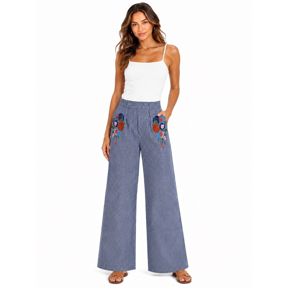 Blue White Striped Embroidered Wide Leg Pants Small Cotton Floral Coastal Boho